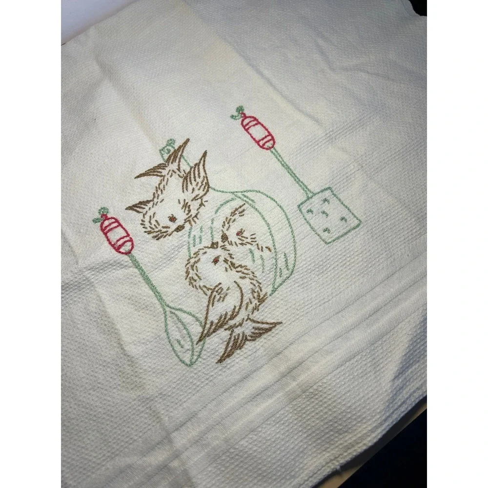 Vintage Hand Embroidered Tea Towel Birds Cuckoo Clock Cattails White Cotton